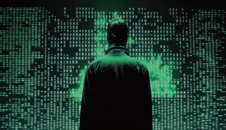 Unrecognizable hacker on a black background with green symbols in cyberspace. Generative AIの素材