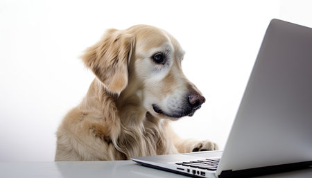 Dog using laptop. Isolated on white. Generative AIの素材