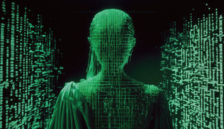 Unrecognizable hacker on a black background with green symbols in cyberspace. Generative AIの素材