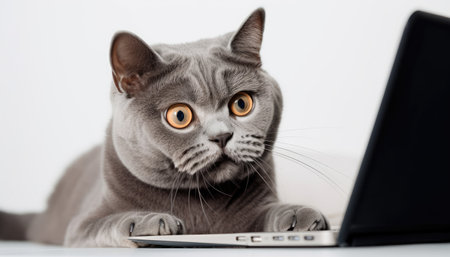 Cat using laptop. Isolated on white. Generative AIの素材