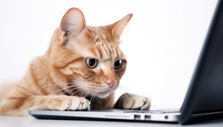 Cat using laptop. Isolated on white. Generative AIの素材