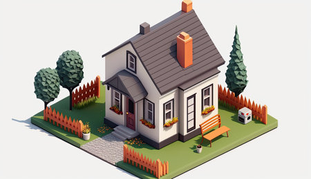 Isometric view of a family house with garden. Generative AIの素材