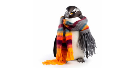 Penguin with wool winter scarf. Isolated white. Generative AIの素材