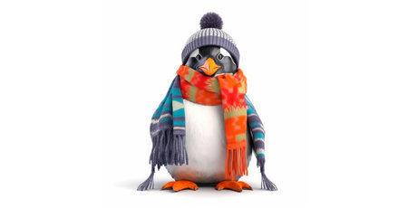 Penguin with wool winter hat and scarf. Isolated white. Generative AIの素材