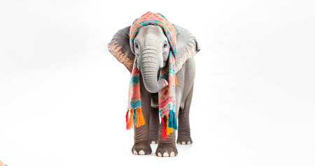 Baby elephant with wool winter hat and scarf. Isolated white. Generative AIの素材