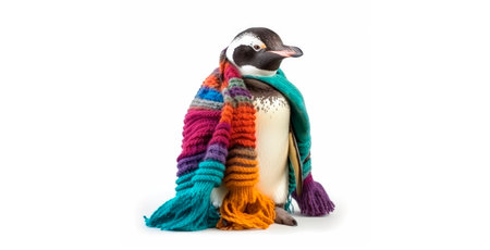 Penguin with wool winter scarf. Isolated white. Generative AIの素材