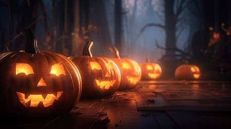 Halloween pumpkin on a forest background with twilight lighting. Generative AIの素材
