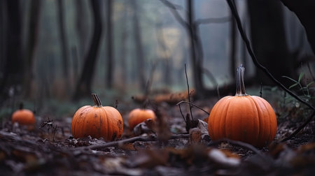 Halloween pumpkin on a forest background with twilight lighting. Generative AIの素材