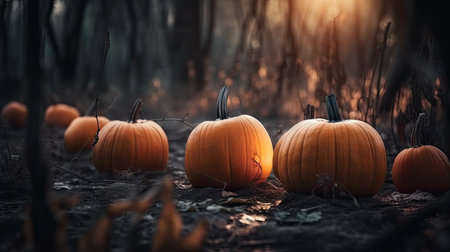 Halloween pumpkin on a forest background with twilight lighting. Generative AIの素材