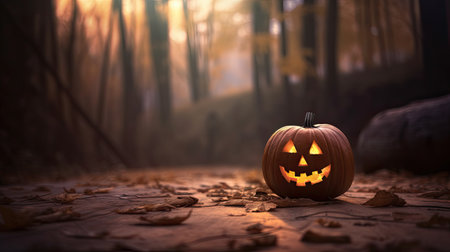Halloween pumpkin on a forest background with twilight lighting. Generative AIの素材