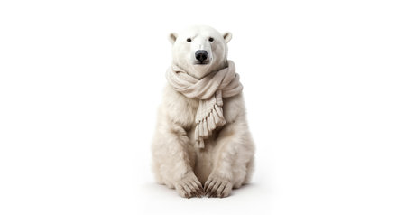 Polar bear with wool winter scarf. Isolated white. Generative AIの素材