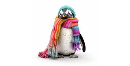 Penguin with wool winter hat and scarf. Isolated white. Generative AIの素材