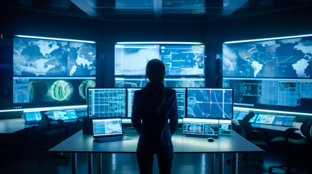 Back view of a businesswoman in a control room of a financial office. Generative AIの素材