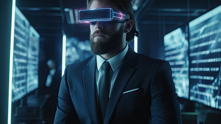 Businessman wearing virtual reality goggles. Generative AIの素材