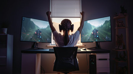 Gamer girl celebrating victory in her gaming room. Generating AIの素材