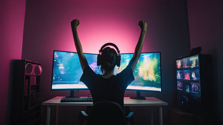 Gamer girl celebrating victory in her gaming room. Generating AIの素材