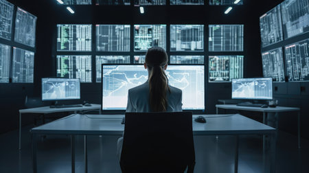 Back view of a businesswoman in a control room of a financial office. Generative AIの素材