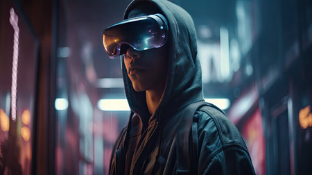 Modern futuristic man wearing virtual reality goggles. Generative AIの素材