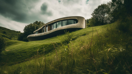 Organic futuristic house embedded into a grassy hill. Generative AIの素材