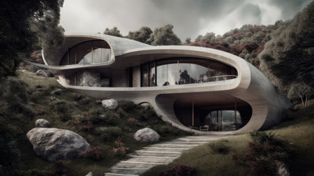 Organic futuristic house embedded into a grassy hill. Generative AIの素材