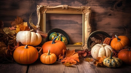 Still life of pumpkins on aged wood background. Halloween concept. Generative AIの素材