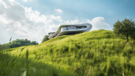 Organic futuristic house embedded into a grassy hill. Generative AIの素材