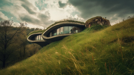 Organic futuristic house embedded into a grassy hill. Generative AIの素材