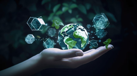Close-up of human hands holding a sustainable world. Sustainability concept. Generative AIの素材