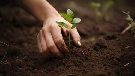 Close-up of human hands planting a tree in the ground. Generative AIの素材