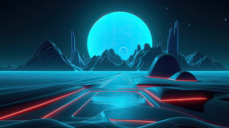 Virtual workd landscape with lines and neon lights. Generative AIの素材