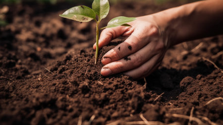 Close-up of human hands planting a tree in the ground. Generative AIの素材