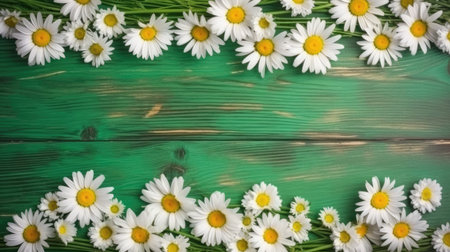 Wooden background with daisies border. Generative AIの素材