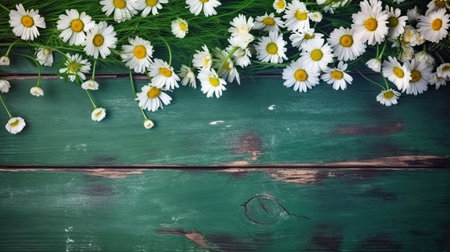 Green wooden background with daisies border. Generative AIの素材