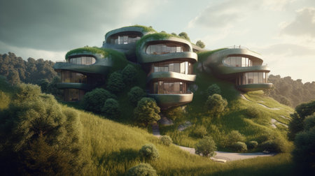 Organic futuristic house embedded into a grassy hill. Generative AIの素材