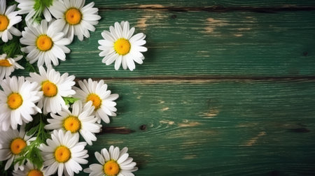 Wooden background with daisies border. Generative AIの素材