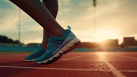 Female runner's legs on race track at sunset. Generative AIの素材