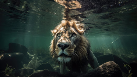 Big lion diving underwater. Generative AIの素材