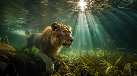 Big lion diving underwater. Generative AIの素材
