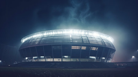 Exterior view of a stadium at night with the lights on. Generative AIの素材