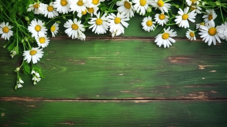 Green wooden background with daisies border. Generative AIの素材