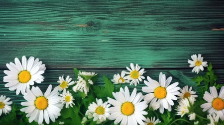 Wooden background with daisies border. Generative AIの素材