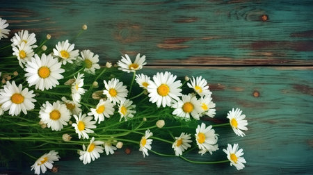 Green wooden background with daisies border. Generative AIの素材