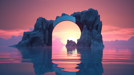 Surreal rock gate in the ocean at twilight. Generative AIの素材