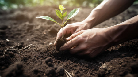 Close-up of human hands planting a tree in the ground. Generative AIの素材