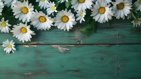 Wooden background with daisies border. Generative AIの素材