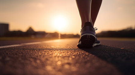 Female runner's legs on asphalt at sunset. Generative AIの素材