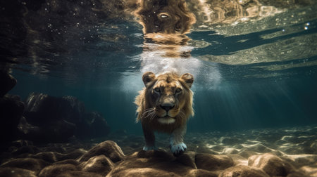 Big lion diving underwater. Generative AIの素材