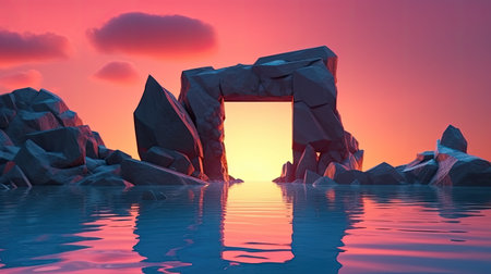 Surreal rock gate in the ocean at twilight. Generative AIの素材