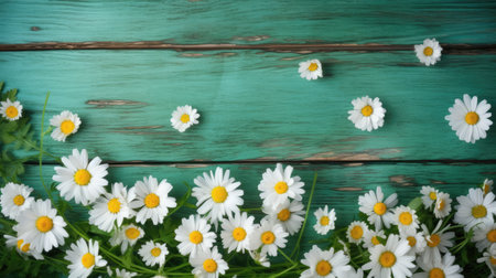 Green wooden background with daisies border. Generative AIの素材
