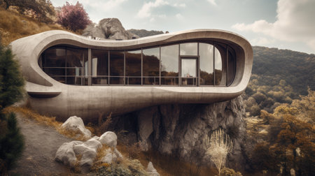 Organic futuristic house embedded into a grassy hill. Generative AIの素材